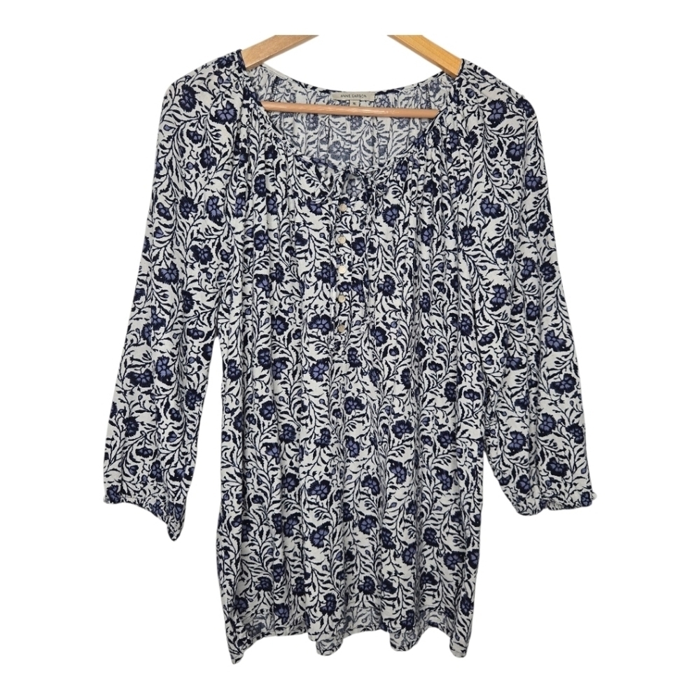 Anne Carson Womens Blue Floral Print Linen Blend Tunic Blouse Size XL